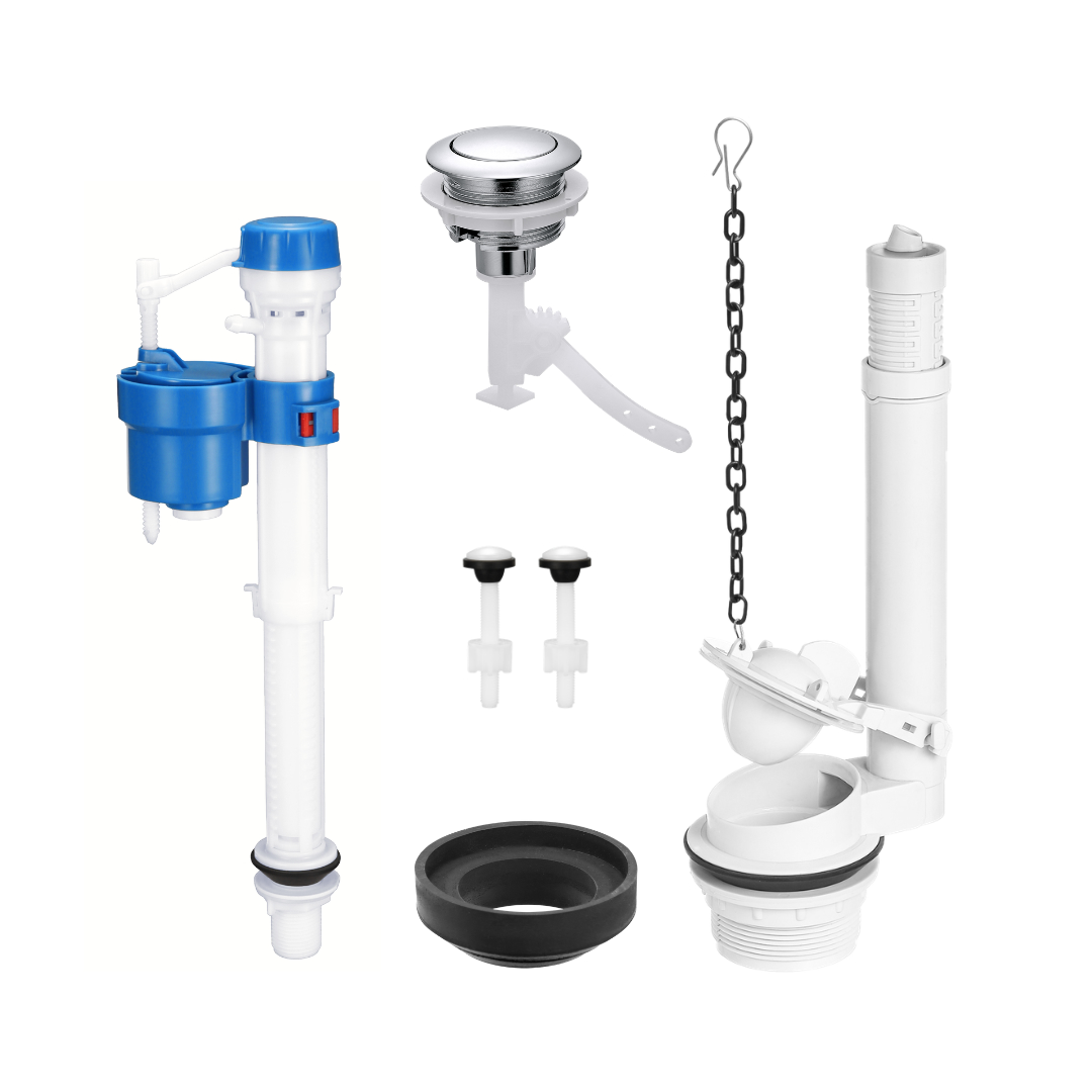 Toilet tank repair kit with adjustable fill valve 2 inch single flush valve top push button gasket and bolts